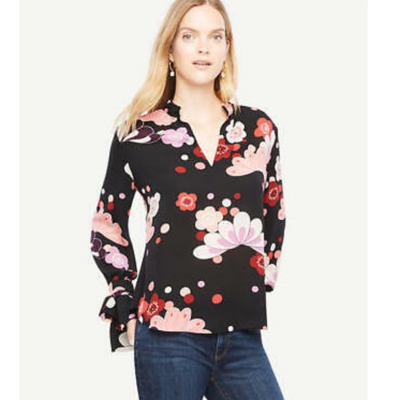 Ann Taylor Bow Cuff Black Blouse with Multicolor Floral Pattern. Size S - Picture 3 of 11